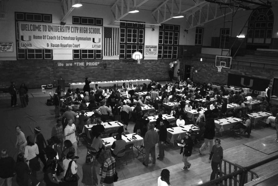 The gym transforms into a banquet hall for student athletes and their parents during the fall sports banquet.