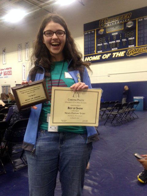 Christine Politte, junior and Web Editor of utimesonline.com, excitedly displays her All Missouri award at the SSP Journalism Conference.