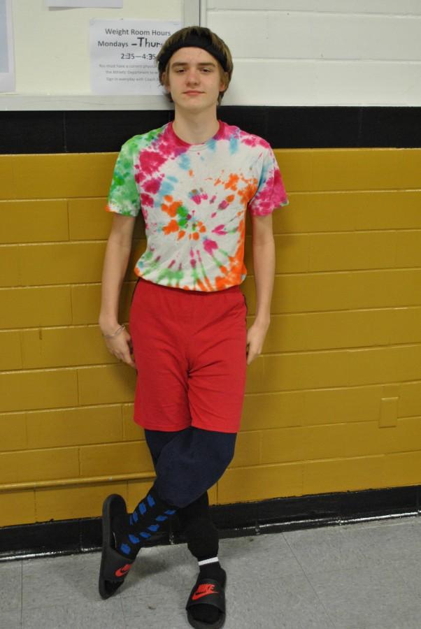 Zachary Clark, junior, participates in Crazy Hair, Sock and Bowtie Day.