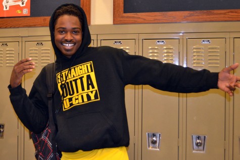 Thompson Brown, senior, reps his “Straight Outta U City” hoodie on Oct. 30 in the hallway. “The theme of the shirts was a great idea since ‘Straight Outta Compton’ was a popular movie this year,” said Brown.