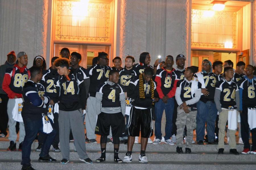 Nov. 13. The football team gathers with the community of University City, to celebrate the Quarter Finals. They will be playing against Westminster.