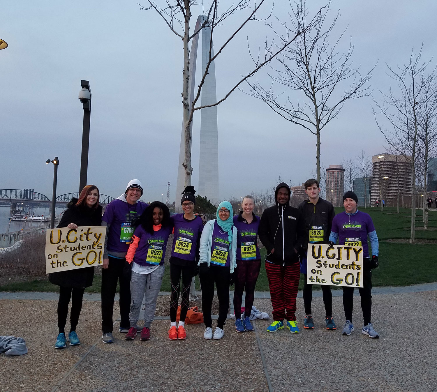 UCHS students Matthew McMahon, Farah Thabet, Devontae Rowe, Mariel Smith Frazier, and Yeimi Matos De Los Santos participated in the Go! St. Louis half marathon alongside Mr. Ladage, Mr. Daly, Ms. Bromberg and Mr. Ashley.