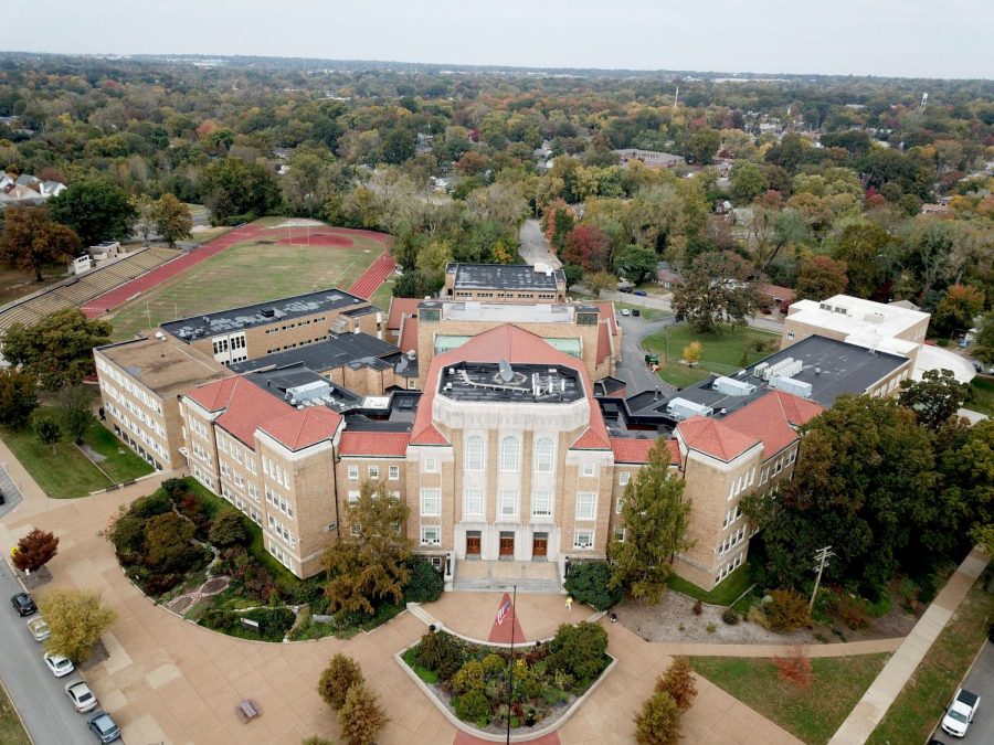One of the aerial photos of the school building that Emmet Feld and Charlie Whitehead took as the pilot and spotter of the drone.